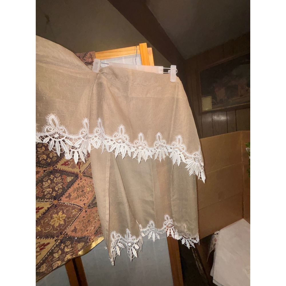 Tan Linen Scarf Valance with White Guipure Lace Trim Farmhouse Decor pair set